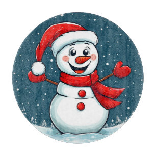 Planche À Découper Bonhomme de neige joyeux avec chapeau de Père Noël
