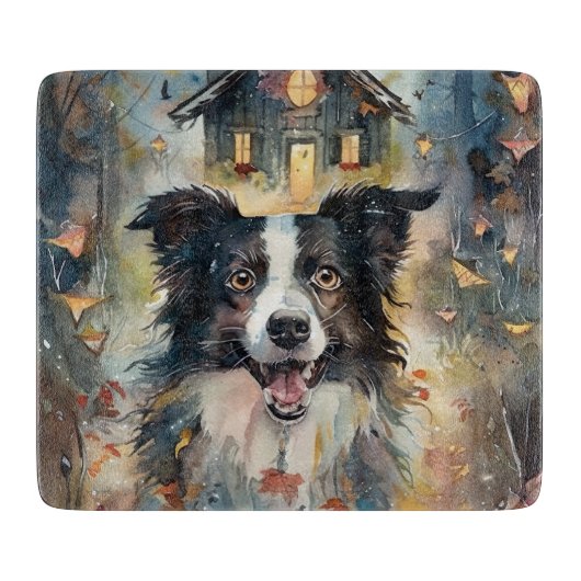 Planche À Découper Border Collie d'Halloween avec citrouilles effraya (Devant)