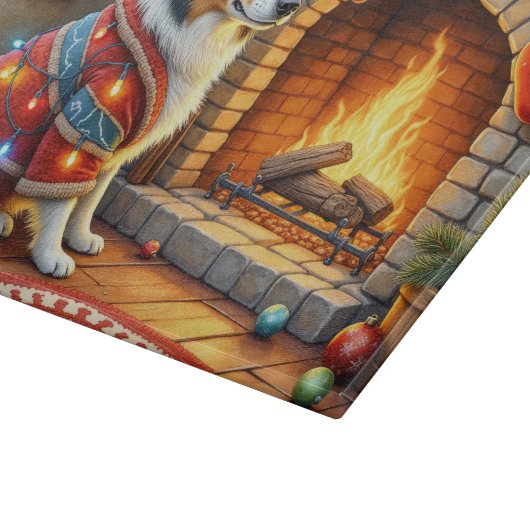 Planche À Découper Border Collie Fireplace with Christmas Lights (Coin)