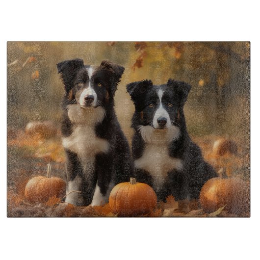 Planche À Découper Bordure Collie Puppy Automne Citrouille de plaisir (Devant)