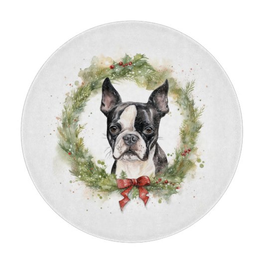 Planche À Découper Boston Terrier Noël Wreath Festive Pup (Devant)