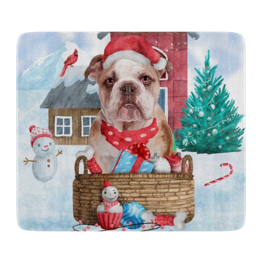 Planche À Découper Bouledogue anglais dans la maison de Noël enneigée (Devant)