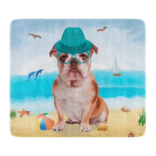 Planche À Découper Bouledogue anglais sur la plage (Devant)