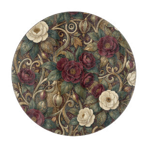 Planche À Découper Bourgogne Orné Floral et Lanterne Dorée Vintage 