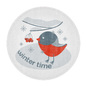 Planche À Découper Bouvreuil d'hiver oiseau et baies de sorbier rouge