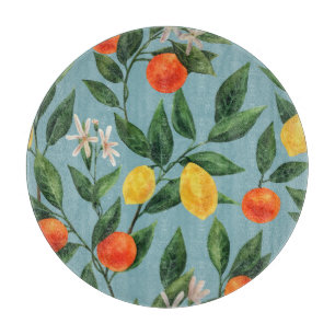 Planche À Découper Branches de Citrus : Motif ornemental à l'aquarell