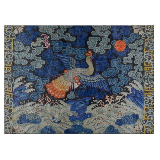 Planche À Découper Broderie chinoise bleu d'oiseau Vintage (Devant)