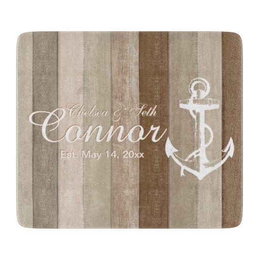 Planche À Découper Brown Bois Rayures nautiques et Ancre (Devant)