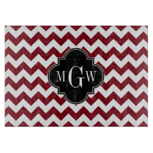 Planche À Découper Burgundy White Chevron Black Quatrefoil 3 monogram