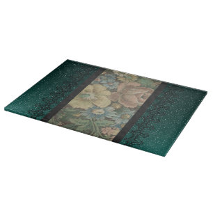 Planche À Découper Burlap Floral vintage et verre Turquoise foncé