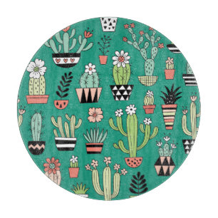 Planche À Découper Cactus en floraison Arrière - plan vert Vintage