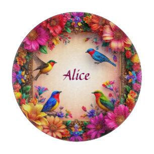 Planche À Découper Cadre floral lumineux avec oiseaux colorés dans la