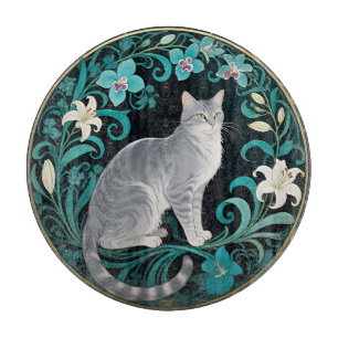Planche À Découper Cadre floral orné de chat gris