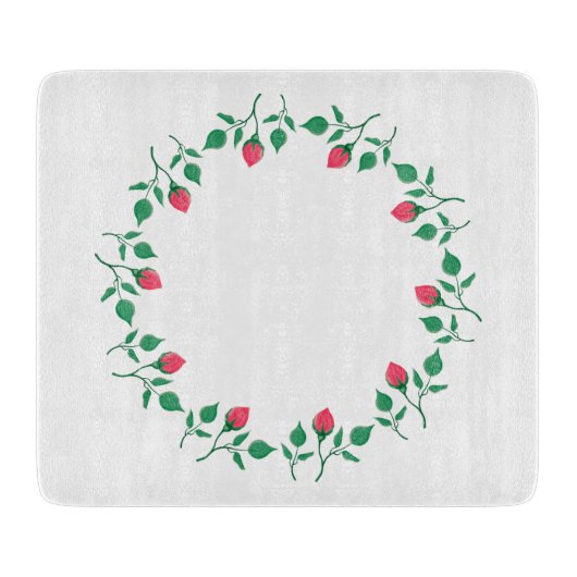 Planche À Découper Cadre rond fleuri avec fleurs roses (Devant)