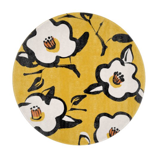 Planche À Découper Camélia jaune, floral démodé douteux. (Devant)