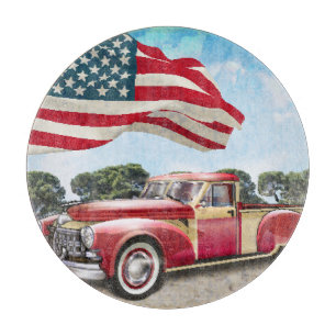 Planche À Découper Camion de ramassage rouge : Drapeau américain Vint