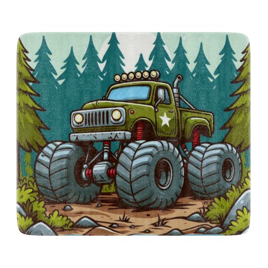 Planche À Découper Camion Monster Vert dans la forêt (Devant)