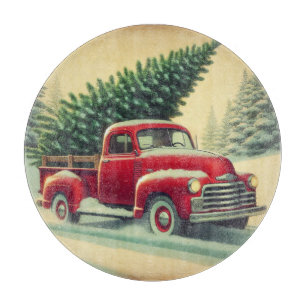 Planche À Découper Camion rouge vintage avec arbre de Noël