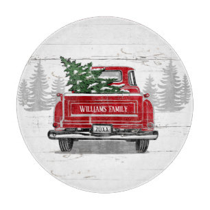 Planche À Découper Camion rouge Vintage avec sapin de Noël Nom de fa