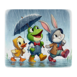 Planche À Découper Canard mignon, grenouille, lapin sous la pluie