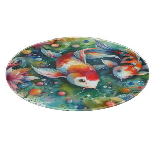 Planche À Découper Carpes Koï Colorées Aquarelle Fantaisiste Orange T