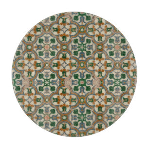 Planche À Découper Carreaux de faïence floraux à la moutarde verte Mo
