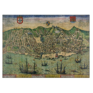 Planche À Découper Carte ancienne de Lisbonne, Portugal par Braun/Hog