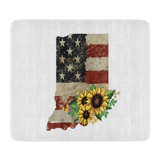 Planche À Découper Carte de l'État de l'Indiana Drapeau US Tournesol (Devant)