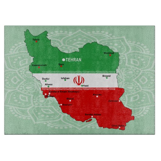 Planche À Découper Carte de l'Iran avec drapeau et emblème (Devant)