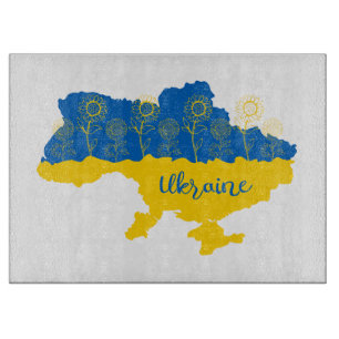 Planche À Découper Carte de l'Ukraine avec tournesol et drapeau ukrai
