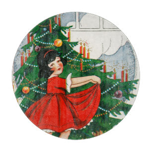 Planche À Découper Carte de Noël rétro, enfant et arbre de Noël