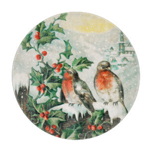 Planche À Découper Carte de Noël vintage avec rouges-gorges, houx, ég