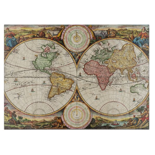 Planche À Découper Carte du monde antique Deux hémisphères Rare Art V (Devant)