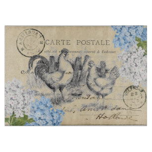 Planche À Découper Carte postale vintage de poulet bleu Fleur
