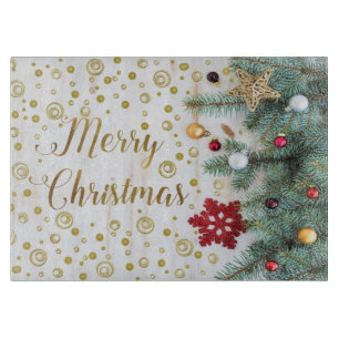 Planche À Découper Cercles de fête d'or d'arbre de Joyeux Noël