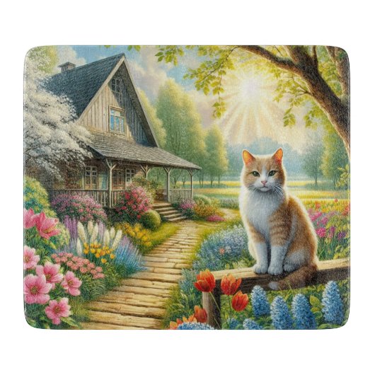 Planche À Découper Chalet de printemps/jardin & chat (Devant)