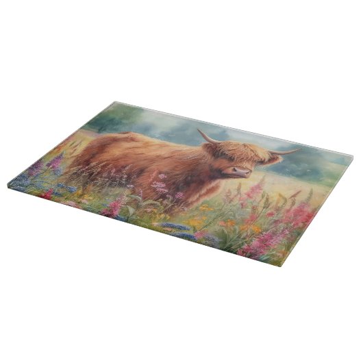 Planche À Découper Champ de Fleur sauvage d'aquarelle de vache Highla (Coin)