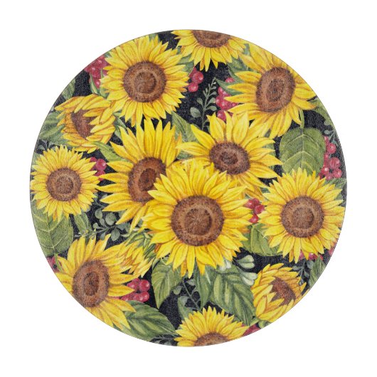 Planche À Découper Champ de tournesol : aquarelle noir arrière - plan (Devant)