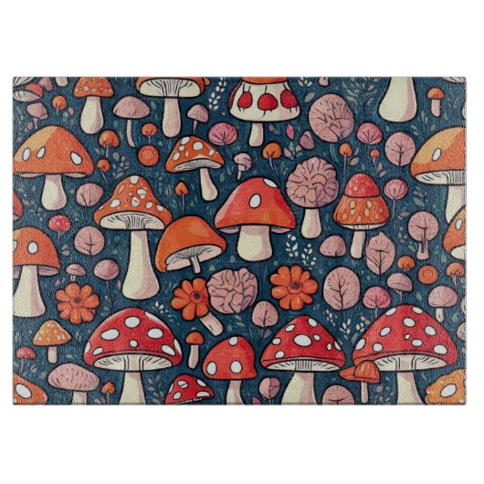 Planche À Découper Champignons fleuris rouges mignons dans un décor v (Devant)
