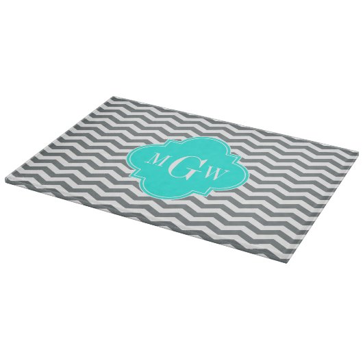 Planche À Découper Charcoal Tn Chevron Brt Aqua Quatrefoil 3 Monogram (Coin)