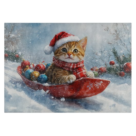 Planche À Découper Chat abyssinien en sledge laissez-le neiger Noël (Devant)