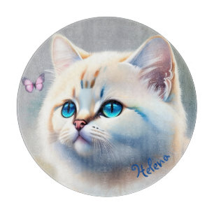 Planche À Découper chat blanc aux yeux bleus aquarelle