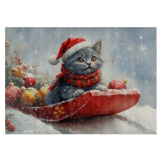 Planche À Découper Chat bleu russe en sangle laissez-le neiger Noël (Devant)