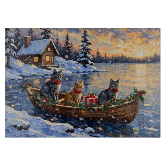 Planche À Découper Chat Bleu Russe Noël Bateau Fêtes (Devant)