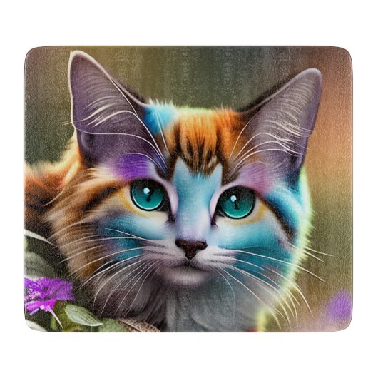 Planche À Découper chat calicot bleu et rouille et fleurs  (Devant)
