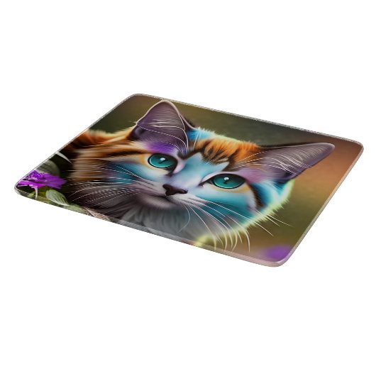 Planche À Découper chat et fleurs bleu et rouille calico (Coin)