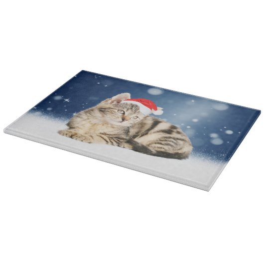 Planche À Découper Chat mignon portant chapeau de Noël rouge neige (Coin)