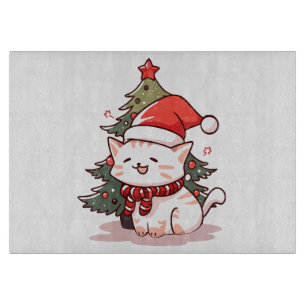 Planche À Découper Chat mignon portant chapeau de Père Noël près du s