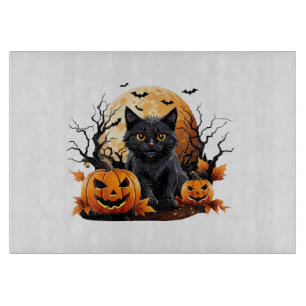 Planche À Découper Chat noir entouré de citrouilles