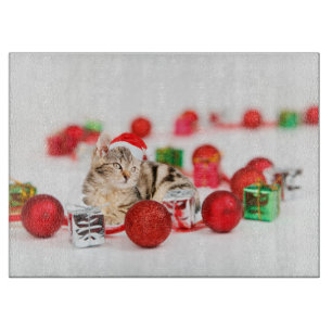 Planche À Découper Chat portant un chapeau de Père Noël rouge Ornemen